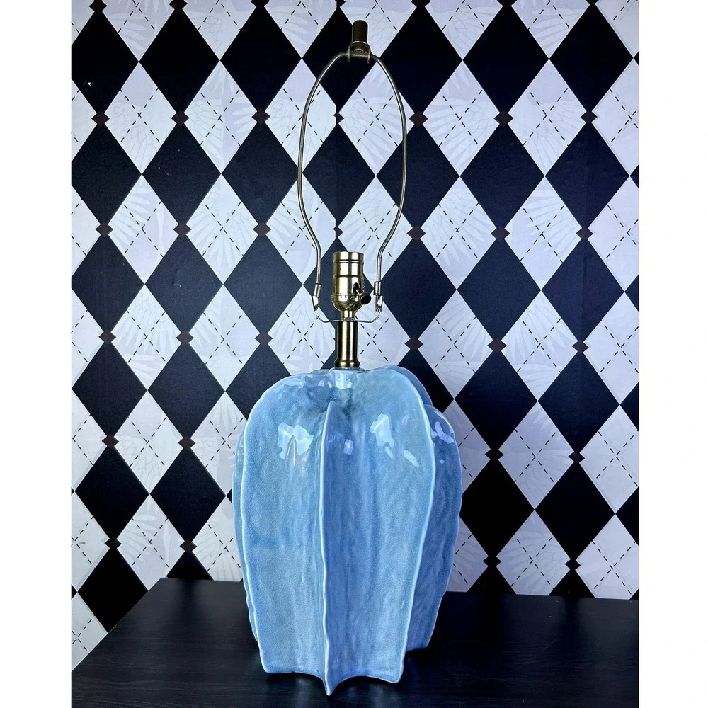 Large Sculptural Blue Pottery Table Lamp Fluted Statement Lighting 25